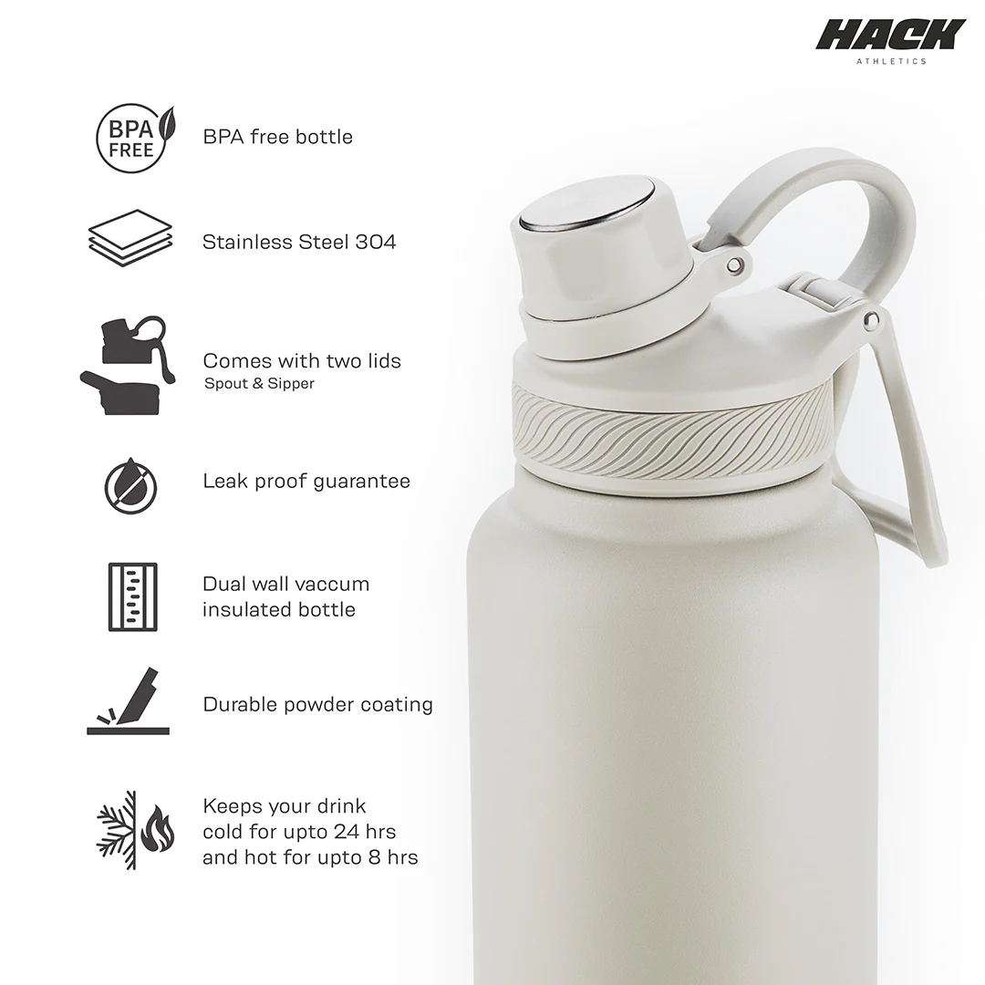 Hack Athletics Premium Hydra Water Bottle Cream | 950ML - Image 3