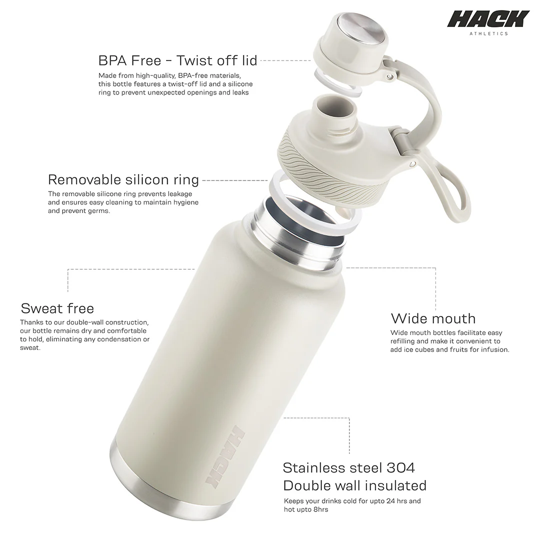 Hack Athletics Premium Hydra Water Bottle Cream | 950ML - Image 4
