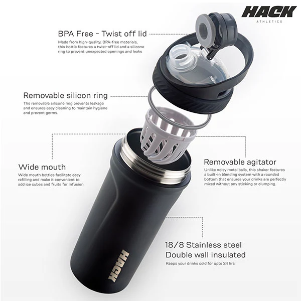 Hack Athletics Premium Stainless Steel Insulated Shaker Bottles 709ML Black - Image 3